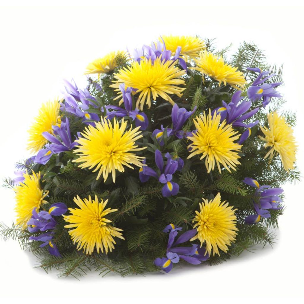 Kytice na položení žluté chryzantémy a irisy