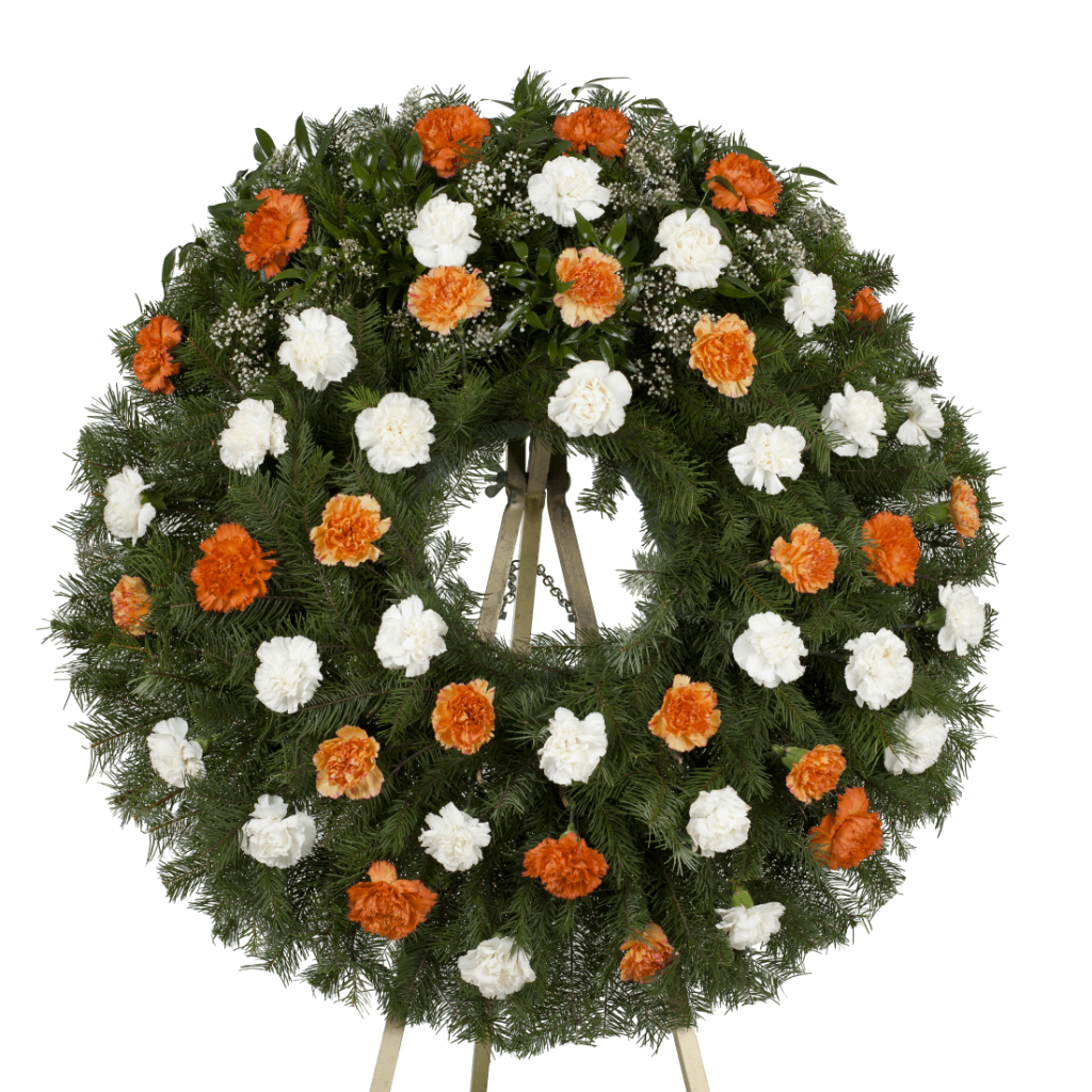 Smuteční věnec karafiáty oranžové a bílé